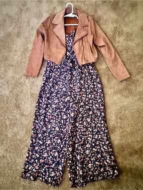 Girls Cropped Faux-Suede Jacket with Flowered Jumpsuit